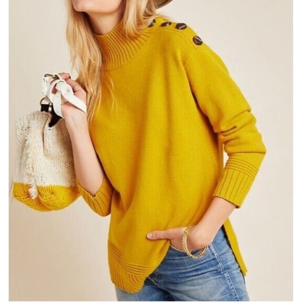 Anthropologie Margarita Sweater Womens Mustard Yellow Buttons Mock Neck Size XS